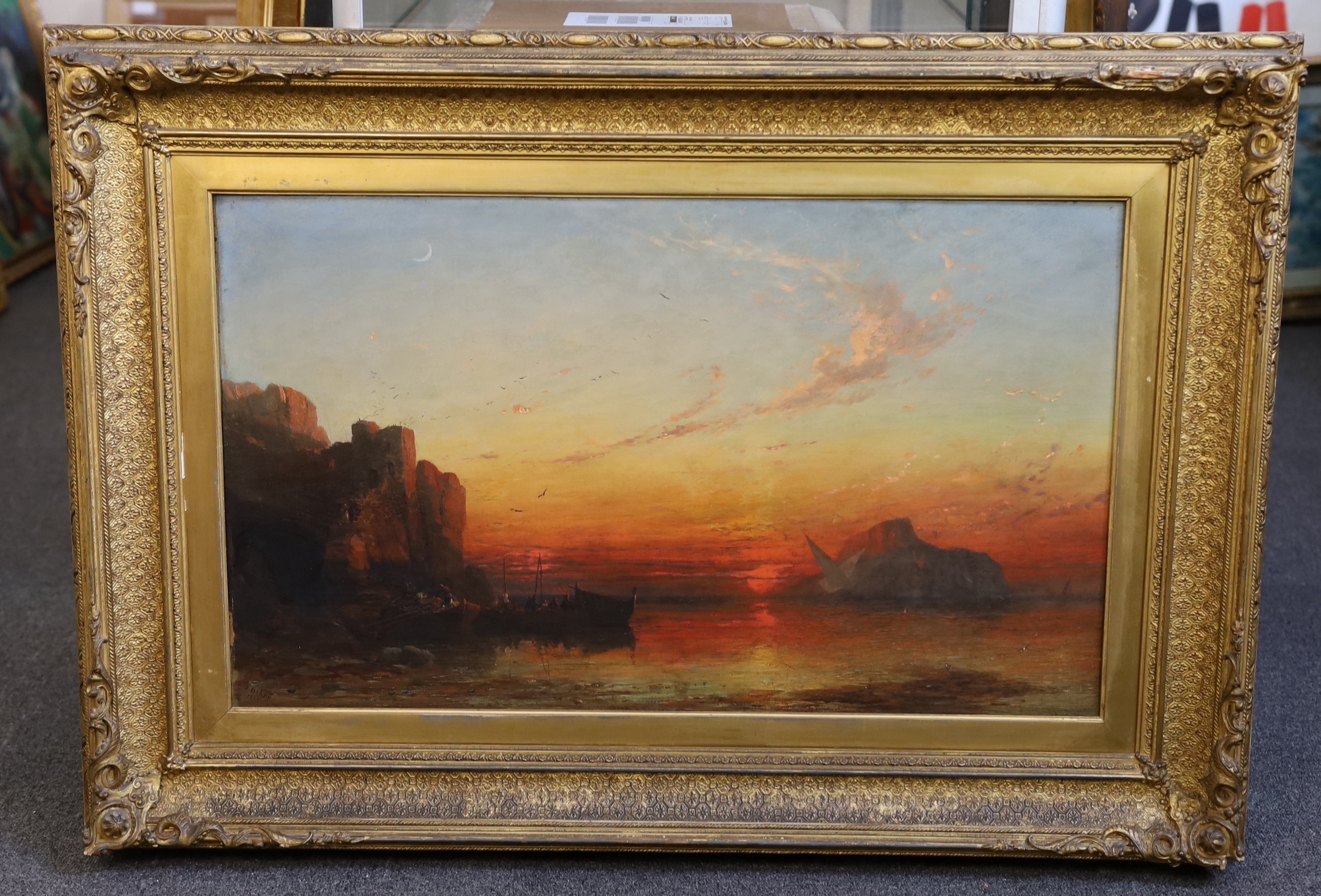 James Francis Danby (British, 1816-1875), Boatmen along the Aegean coast at sunset, oil on canvas, 45 x 75cm